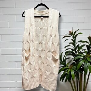 Demdaco Womens Cream Cable Knit Longline Open Front Vest with Pockets